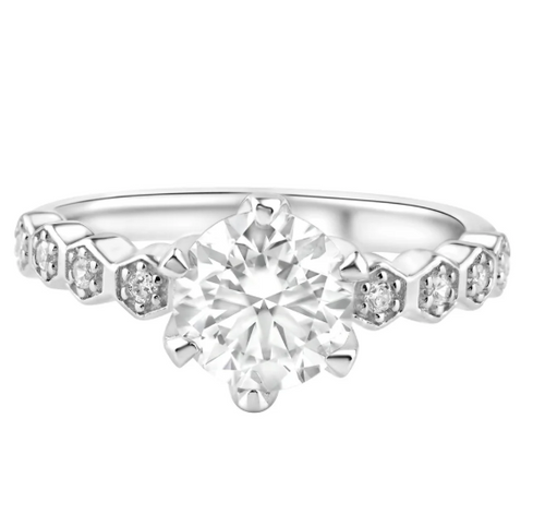 Classic 1ct Round Moissanite Statement Ring in Rhodium Plated Sterling Silver