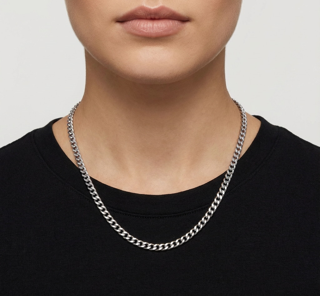 16 Inch Rhodium Plated Stainless Steel 4.5mm Curb Link Chain Necklace